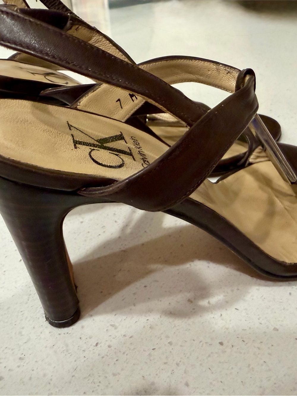 Calvin Klein Brown Leather Strappy High Heel Sandals Made in Spain 7M